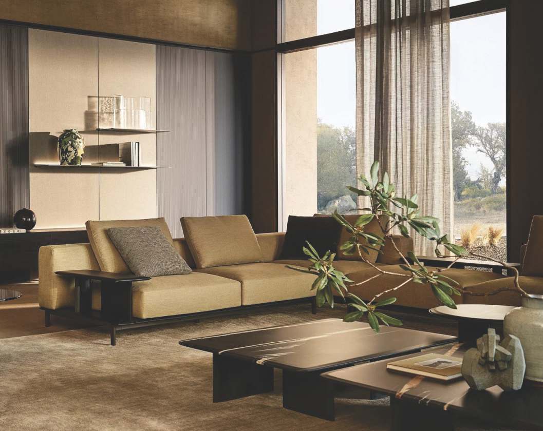 Fine Living designed living room with olive sectional sofa