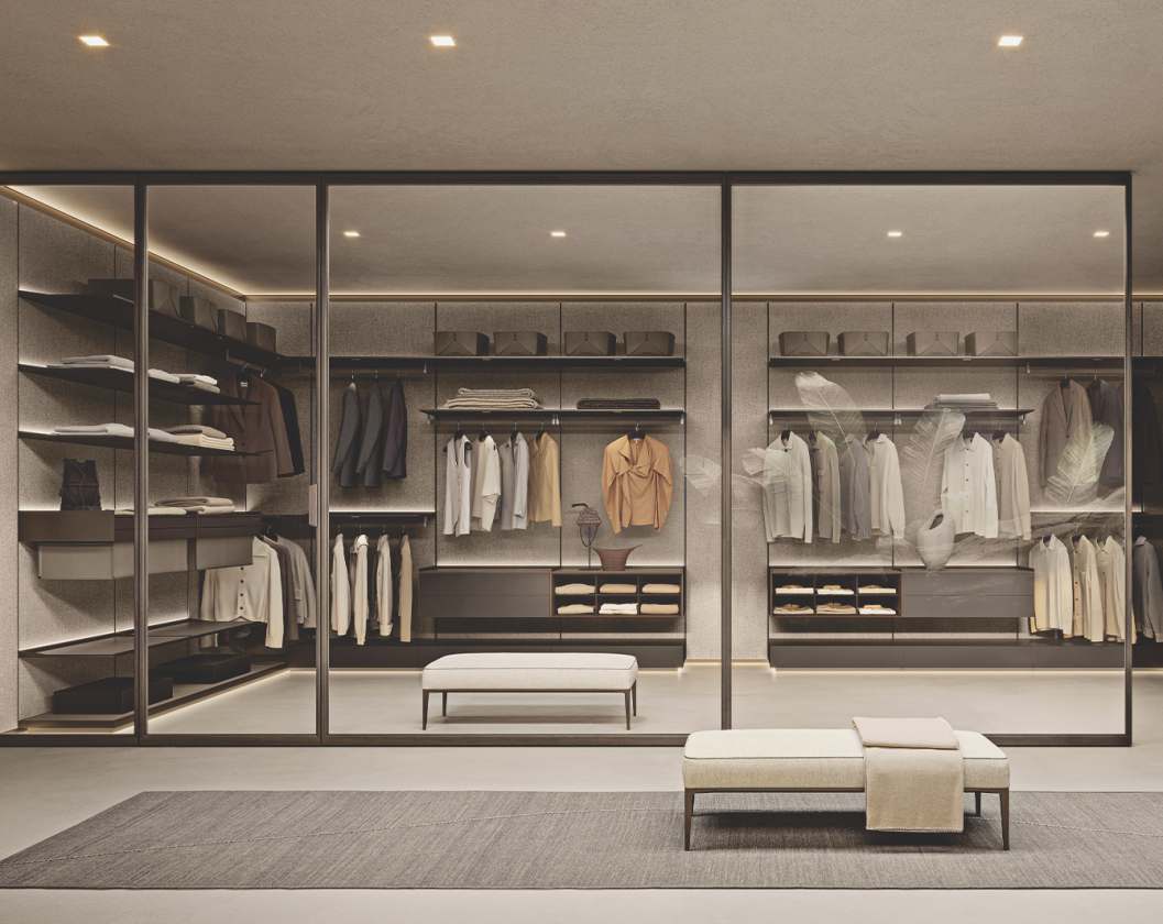 Luxury walk-in wardrobe with integrated lighting